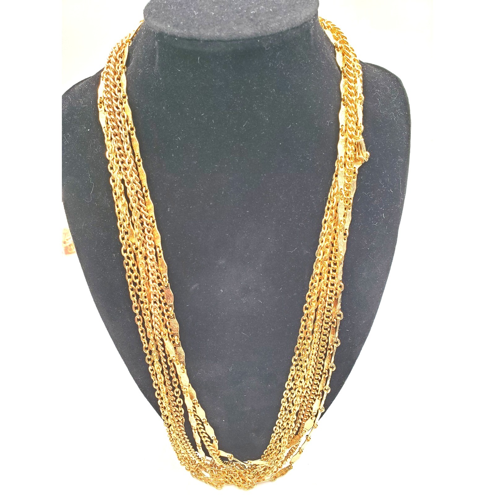 Vintage 24" 8 Strand Chain Necklace Textured Link Statement Gold Tone